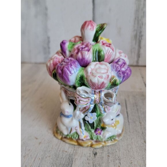 Tulips bunny vintage floral‎ sugar container tea accessory rabbit spring - Picture 1 of 6